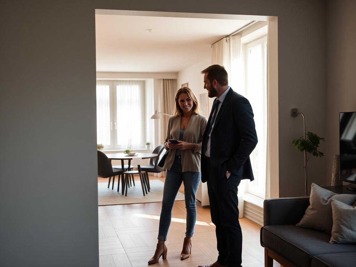 Couple visitant un appartement accompagné d'un conseiller